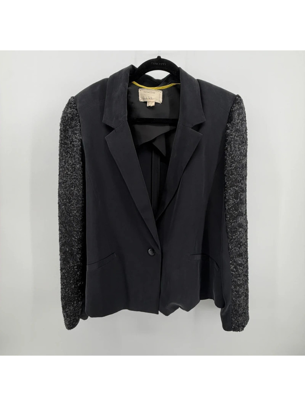 Nicole Miller Atelier Size L Black Sequin Sleeve Silk Blazer Jacket